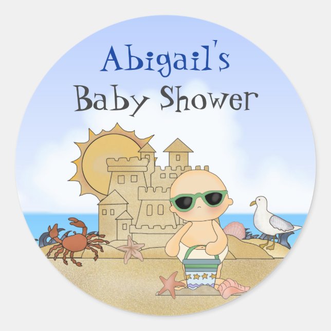 Personalized Cool Cute Beach Baby Boys Baby Shower Classic Round Sticker (Front)