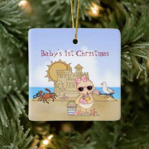 Personalized Cool Girl Beach Babys 1st Christmas Ceramic Ornament