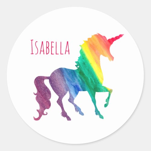 Personalized Cool Rainbow Unicorn Watercolor Kids Classic Round Sticker