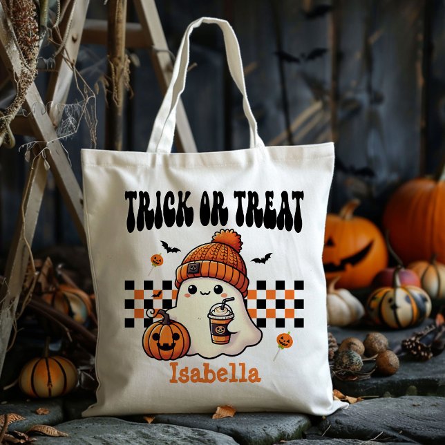 Personalized Cool Retro Ghost Trick Or Treat Candy Tote Bag (Creator Uploaded)