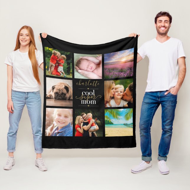 Personalized Cool Super Mom 8 Photo Collage Fleece Blanket (In Situ)