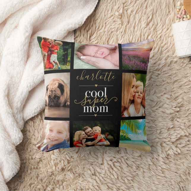 Personalized Cool Super Mom 8 Photo Collage Throw Pillow (Blanket)