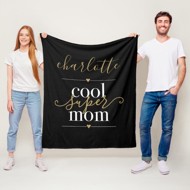 Personalized Cool Super Mom Black And Gold Fleece Blanket (In Situ)