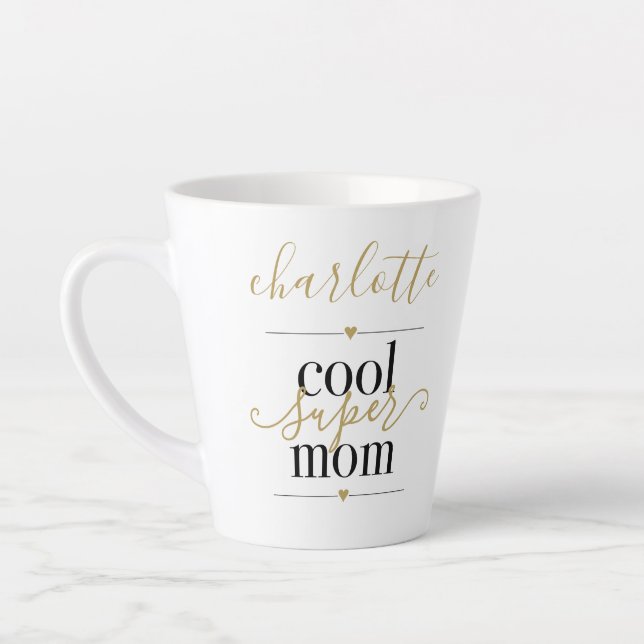 Personalized Cool Super Mom Black And Gold Latte M Latte Mug (Left)