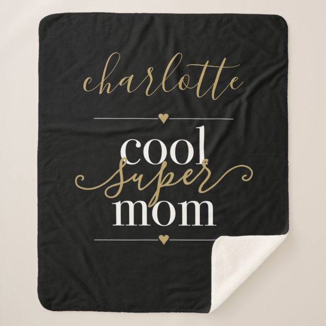 Personalized Cool Super Mom Black And Gold Sherpa Blanket (Front)