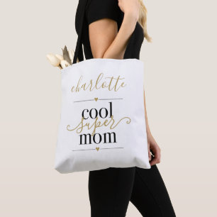 Personalized Cool Super Mom Black And Gold Tote Bag