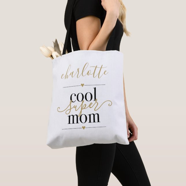 Personalized Cool Super Mom Black And Gold Tote Bag (Close Up)