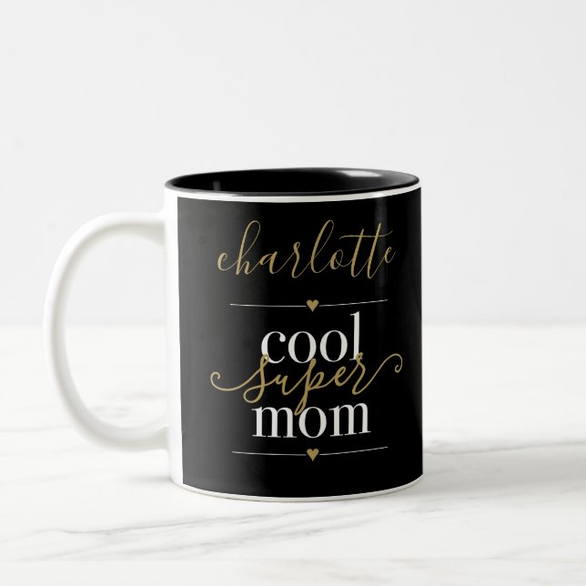 Personalized Cool Super Mom Black And Gold Two-Tone Coffee Mug (Left)