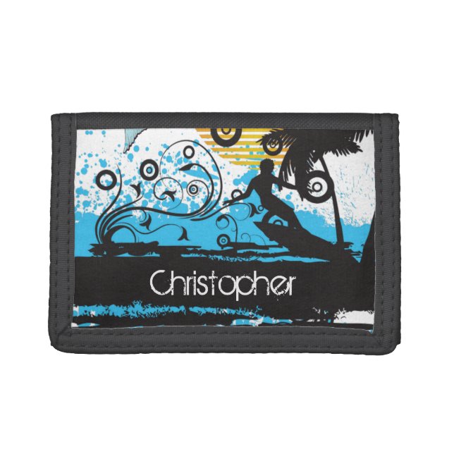 Personalized Cool Surfing Beach Silhouette Surfer Tri-fold Wallet (Front)