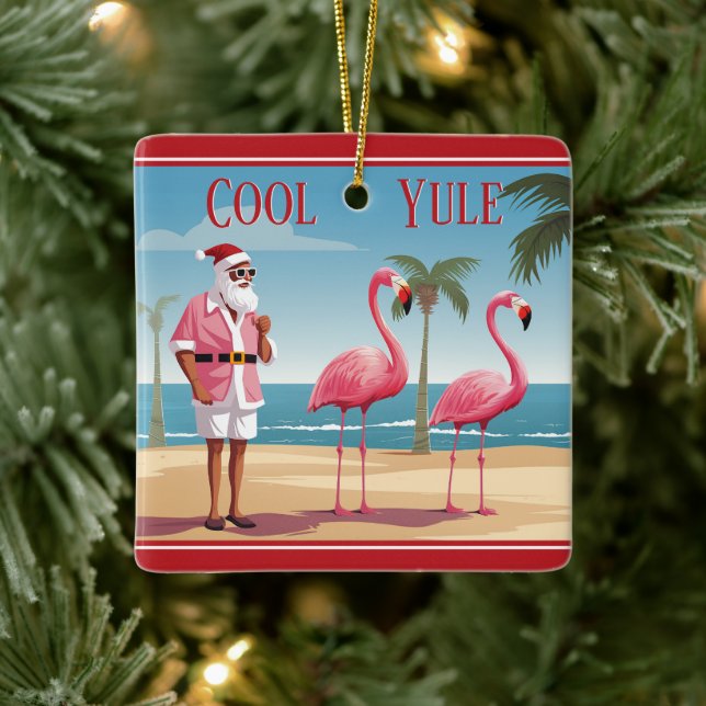 Personalized Cool Yule Santa Beach Christmas Ceramic Ornament (Tree)