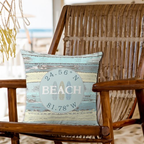 Personalized Coordinates Beach Driftwood Throw Pillow