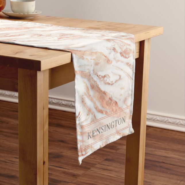 Personalized Copper Marble Rose Gold Metallic Short Table Runner (In Situ)