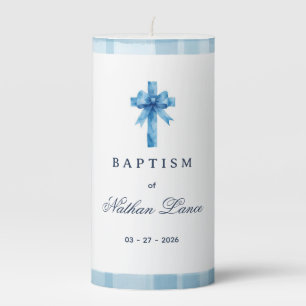 Personalized Coquette Blue Plaid Bow Cross Baptism Pillar Candle