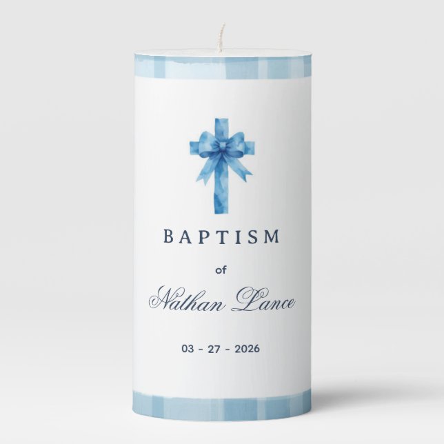 Personalized Coquette Blue Plaid Bow Cross Baptism Pillar Candle (Front)