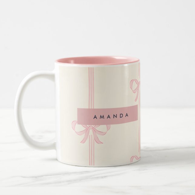 Personalized Coquette Blush Pink Bow Ribbon  Two-Tone Coffee Mug (Left)