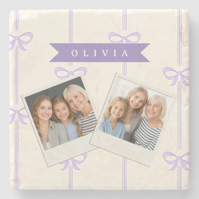 Personalized Coquette Bow Name Girly Aesthetic Stone Coaster (Front)