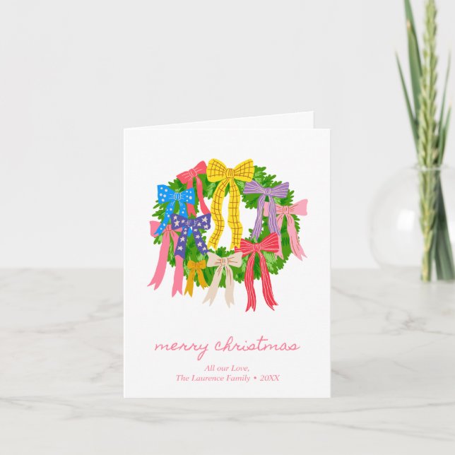 Personalized Coquette Bow Wreath Blank Folded Holiday Card (Front)