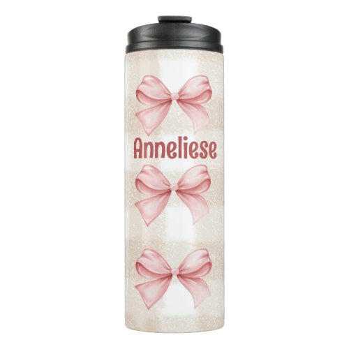 Personalized Coquette Bows with Beige gingham Thermal Tumbler