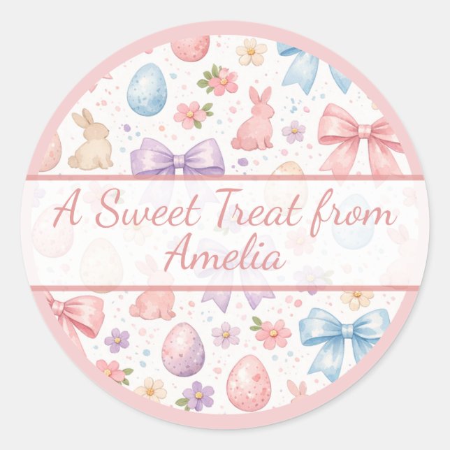 Personalized Coquette Bunny & Pink Bow Easter Classic Round Sticker (Front)