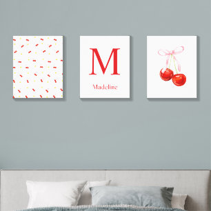 Personalized Coquette Cherry & Daisy Wall Art Set Canvas Photo Tile