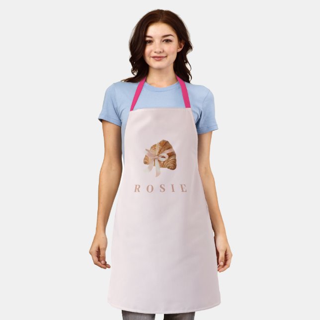 Personalized Coquette Croissant Pink Ribbon Apron (Worn)