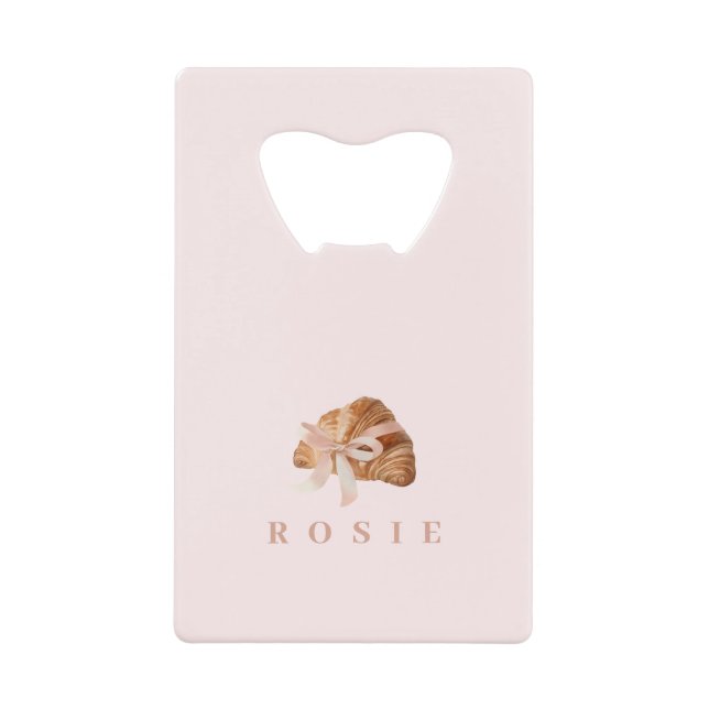 Personalized Coquette Croissant Pink Ribbon Credit Card Bottle Opener (Front)