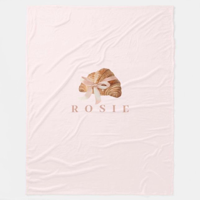 Personalized Coquette Croissant Pink Ribbon Fleece Blanket (Front)