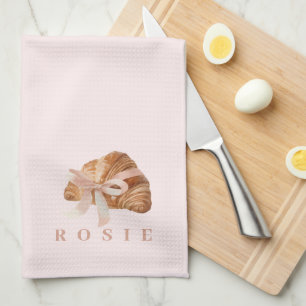 Personalized Coquette Croissant Pink Ribbon Kitchen Towel