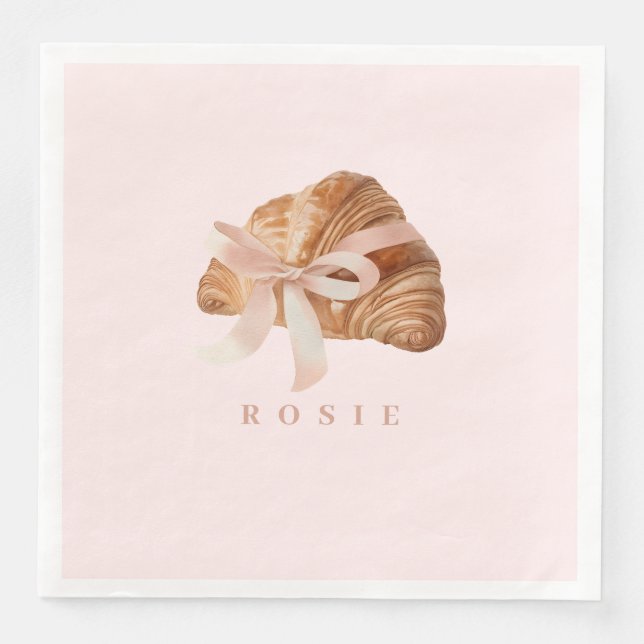 Personalized Coquette Croissant Pink Ribbon  Paper Dinner Napkins (Front)