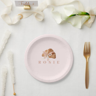 Personalized Coquette Croissant Pink Ribbon Paper Plates