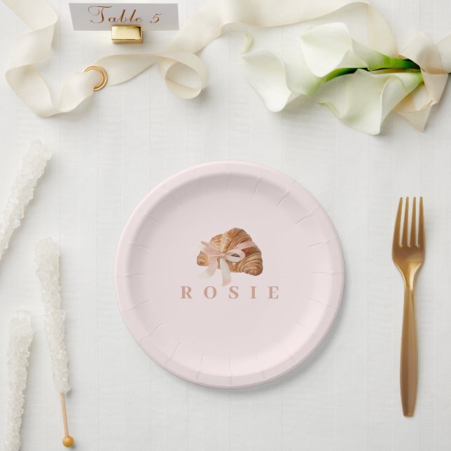 Personalized Coquette Croissant Pink Ribbon Paper Plates (Wedding)