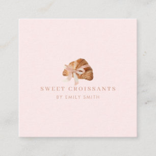Personalized Coquette Croissant Pink Ribbon Square Business Card