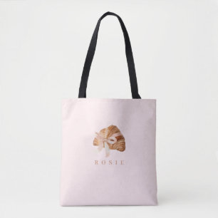 Personalized Coquette Croissant Pink Ribbon Tote Bag