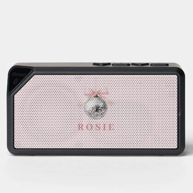Personalized Coquette Disco Ball Pink Ribbon Bluetooth Speaker (Front)