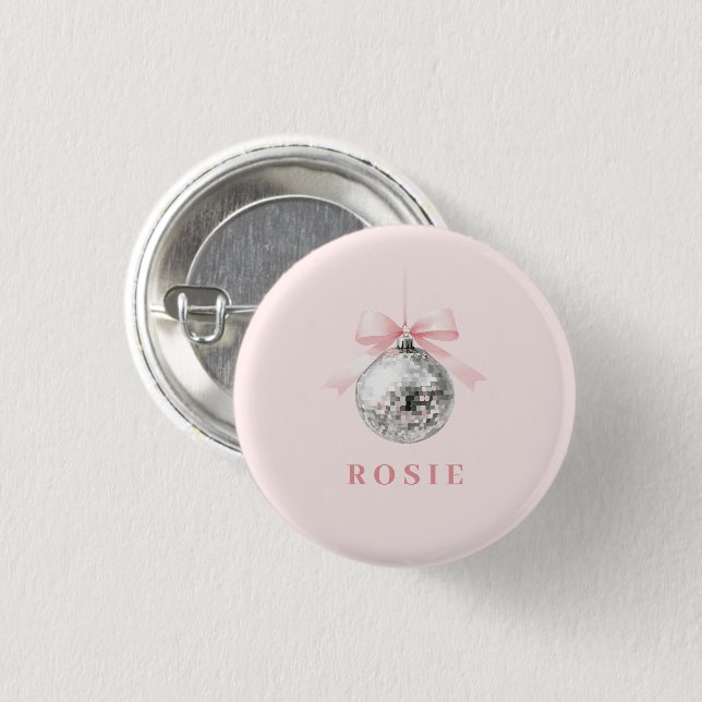 Personalized Coquette Disco Ball Pink Ribbon Button (Front & Back)