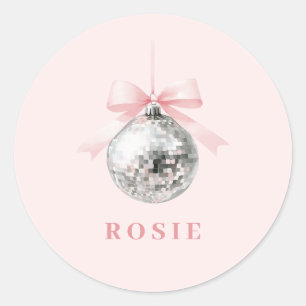 Personalized Coquette Disco Ball Pink Ribbon Classic Round Sticker