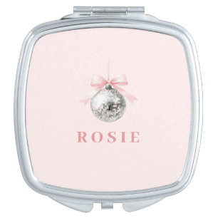 Personalized Coquette Disco Ball Pink Ribbon Compact Mirror
