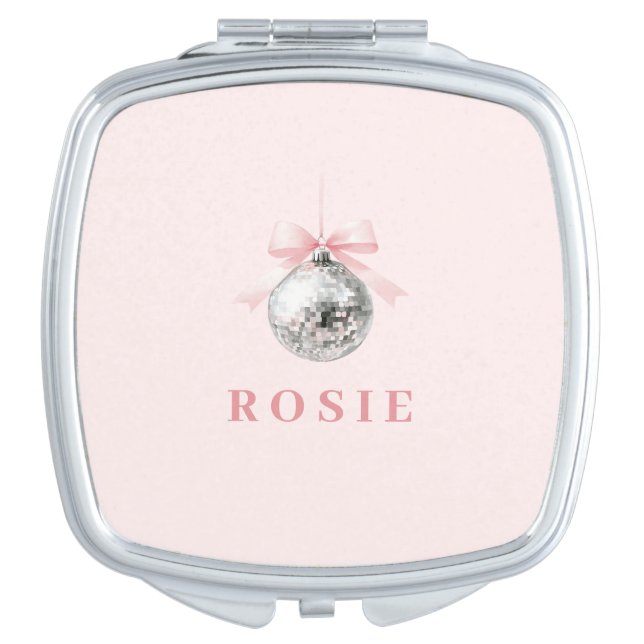 Personalized Coquette Disco Ball Pink Ribbon Compact Mirror (Front)