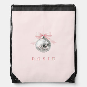 Personalized Coquette Disco Ball Pink Ribbon Drawstring Bag
