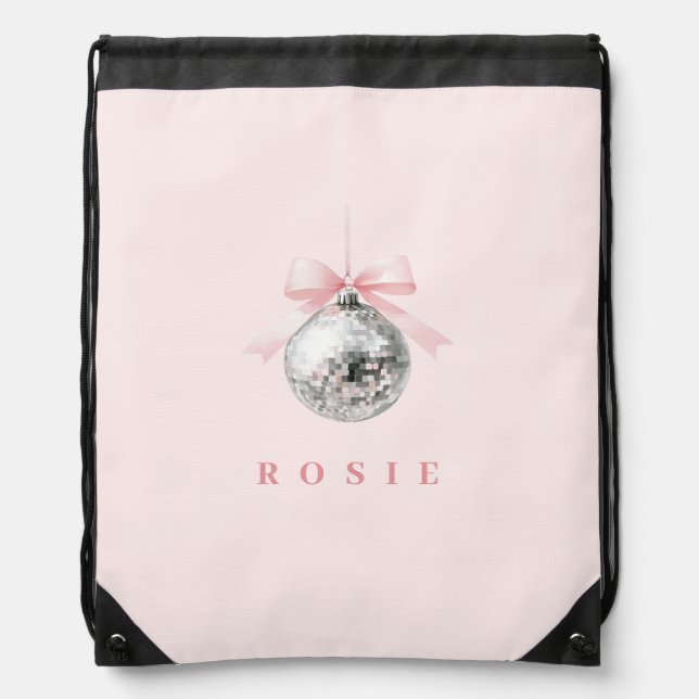 Personalized Coquette Disco Ball Pink Ribbon Drawstring Bag (Front)