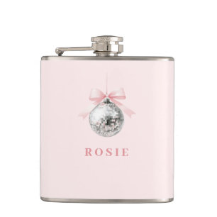 Personalized Coquette Disco Ball Pink Ribbon Flask