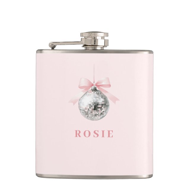 Personalized Coquette Disco Ball Pink Ribbon Flask (Front)