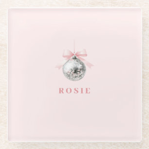 Personalized Coquette Disco Ball Pink Ribbon Glass Coaster