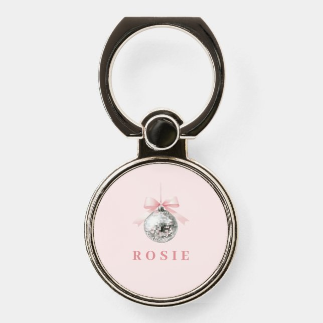 Personalized Coquette Disco Ball Pink Ribbon Phone Ring Stand (Front)