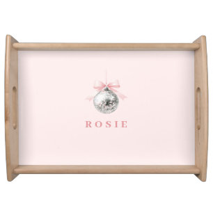 Personalized Coquette Disco Ball Pink Ribbon Serving Tray