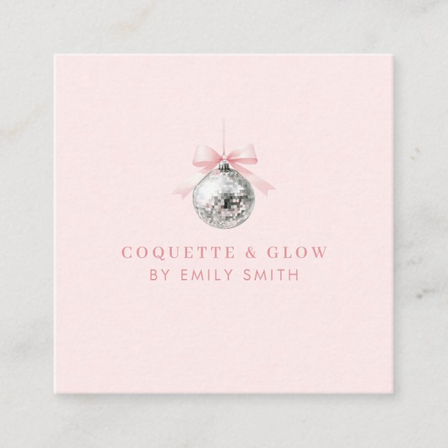 Personalized Coquette Disco Ball Pink Ribbon Square Business Card (Front)