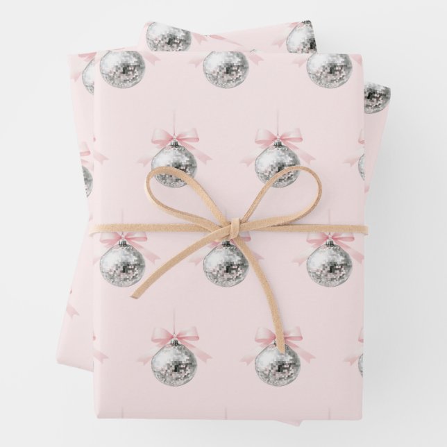 Personalized Coquette Disco Ball Pink Ribbon Wrapping Paper Sheets (In situ)