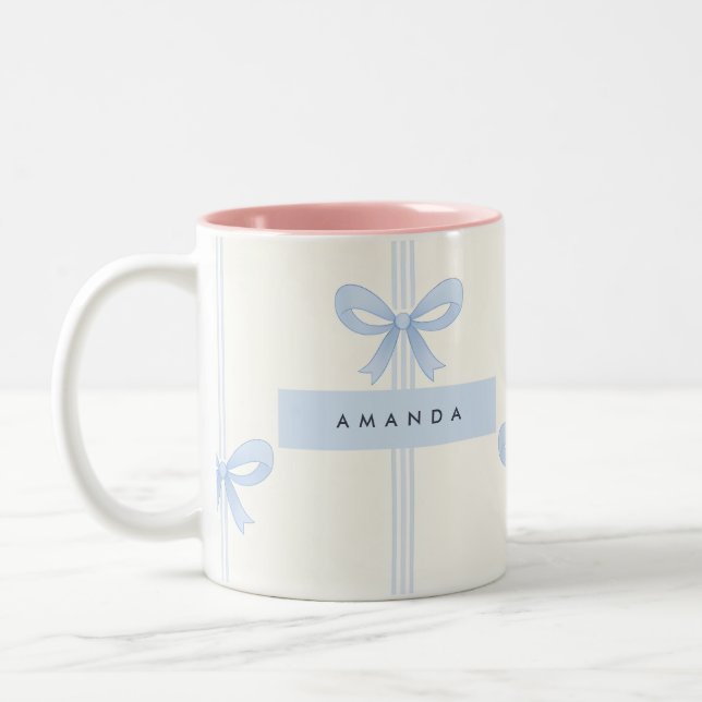 Personalized Coquette Pastel Soft Blue Ribbon Bow  Two-Tone Coffee Mug (Left)