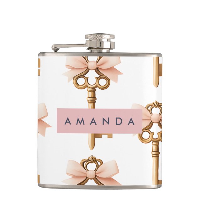 Personalized Coquette Pattern Gold Key & Pink Bow  Flask (Front)