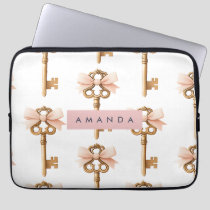 Personalized Coquette Pattern Gold Key & Pink Bow  Laptop Sleeve